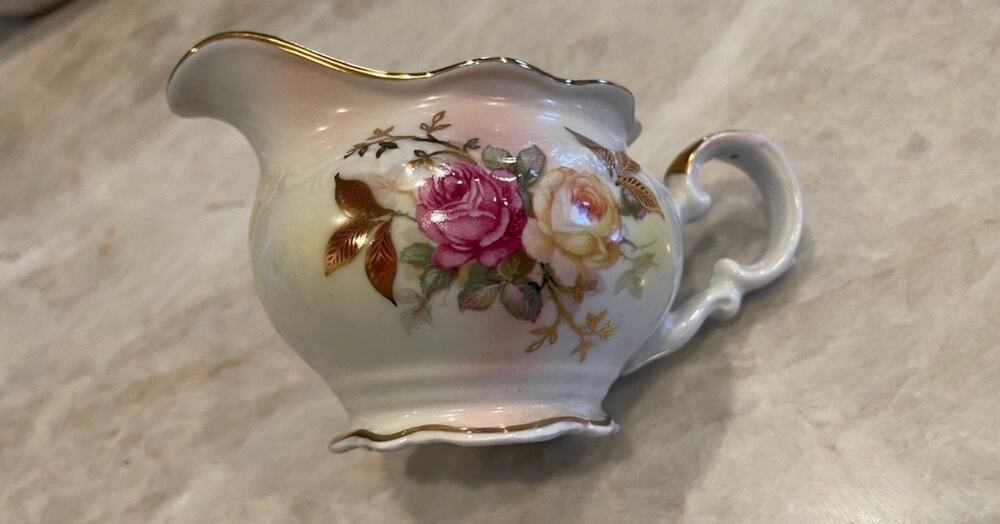 Schumann Arzberg Germany “Sunset Rose” golden crown Creamer vintage porcelain